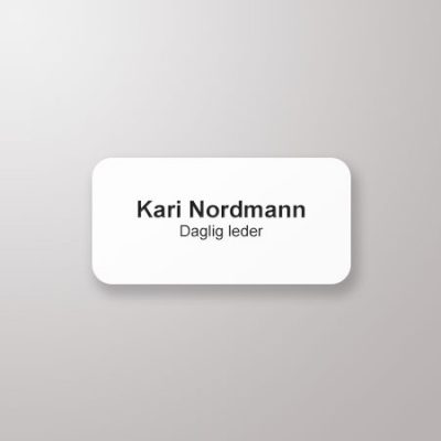 Navneskilt, avrundede hjørner, 73 x 35, hvit med sort tekst
