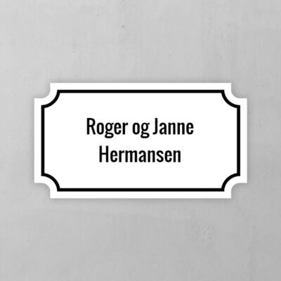 Dørskilt, innvendige avr hjørner, hvitt med sort gravert tekst og dobbeltsidig teip